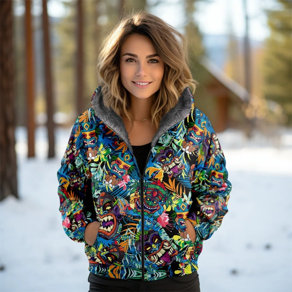 Women Coats Jackets Cardigans Printed Outdoors Tribe Retro Graphics Fleece Winter Warm Casual Streetwear Female Clothing