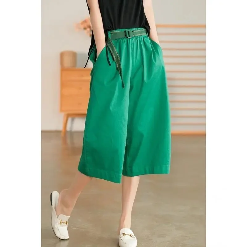 Pantalones Culottes Anchos Verdes para Mujer, Cintura Elástica con Cinturón, Pantalones Cortos con Bolsillos, Pantalones Casuales de Algodón de Corte Holgado