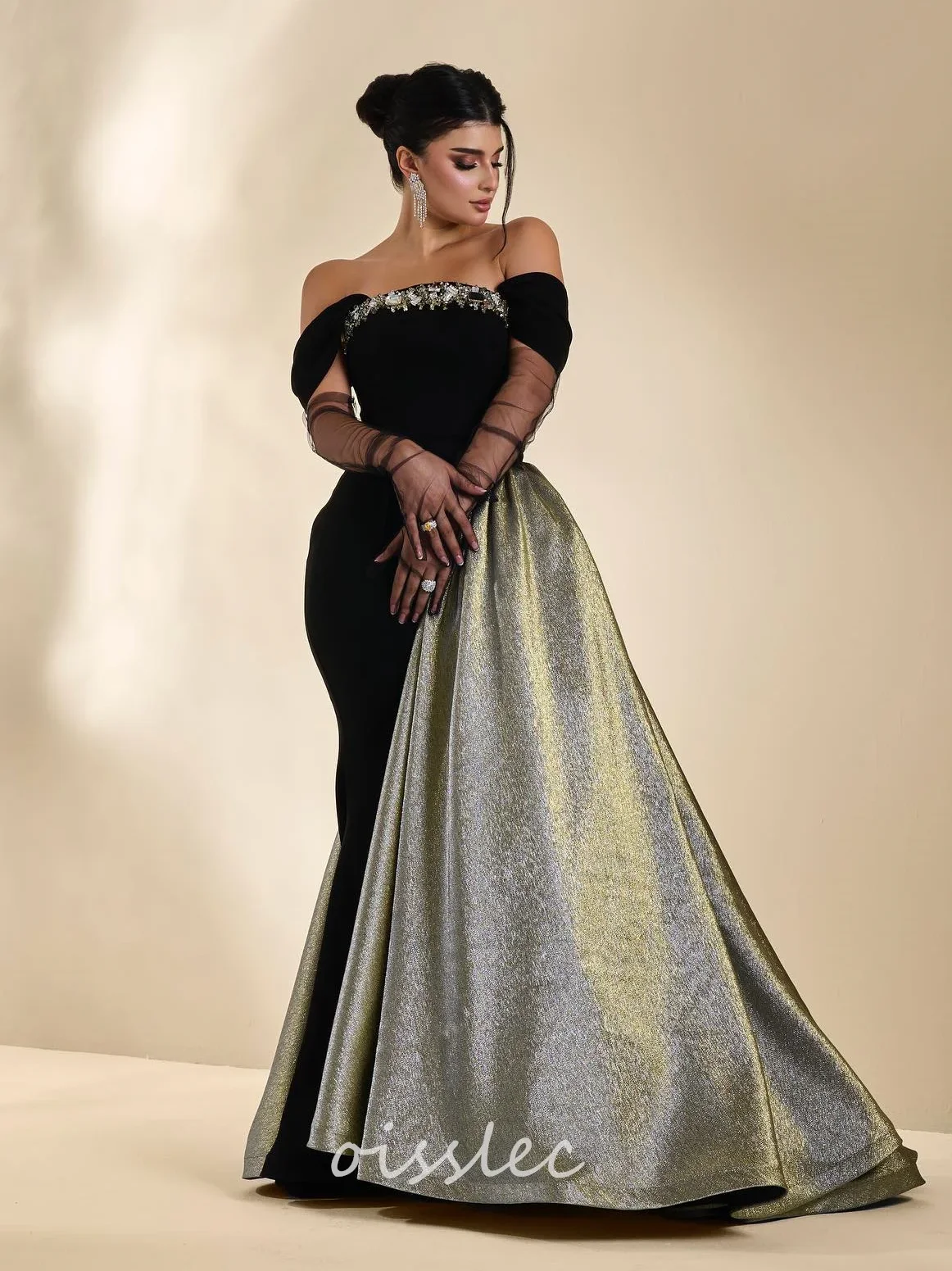 

Oisslec Beaded Prom Dress Off Shoulder Cocktail Party Sweep Train Special Occasion Gown Maxi Dresses Saudi Arabia