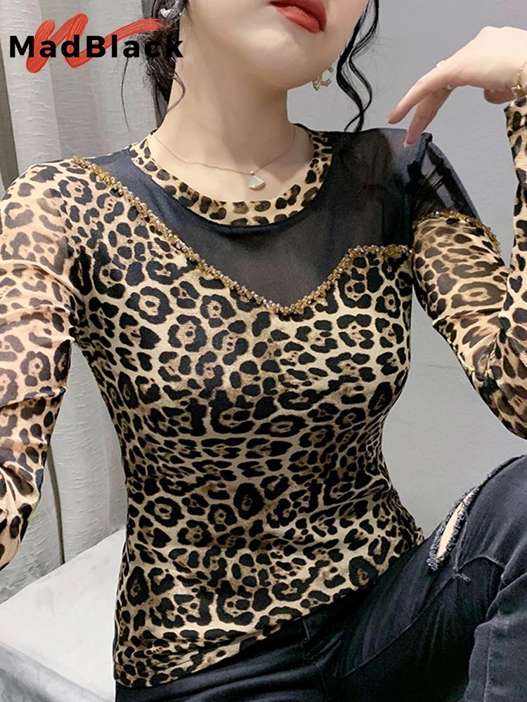 

MadBlack European Clothes Tshirt Women Round Collar Leopard Beaded Slim Mesh Tops Long Sleeve Tees Autumn Winter T30029JC