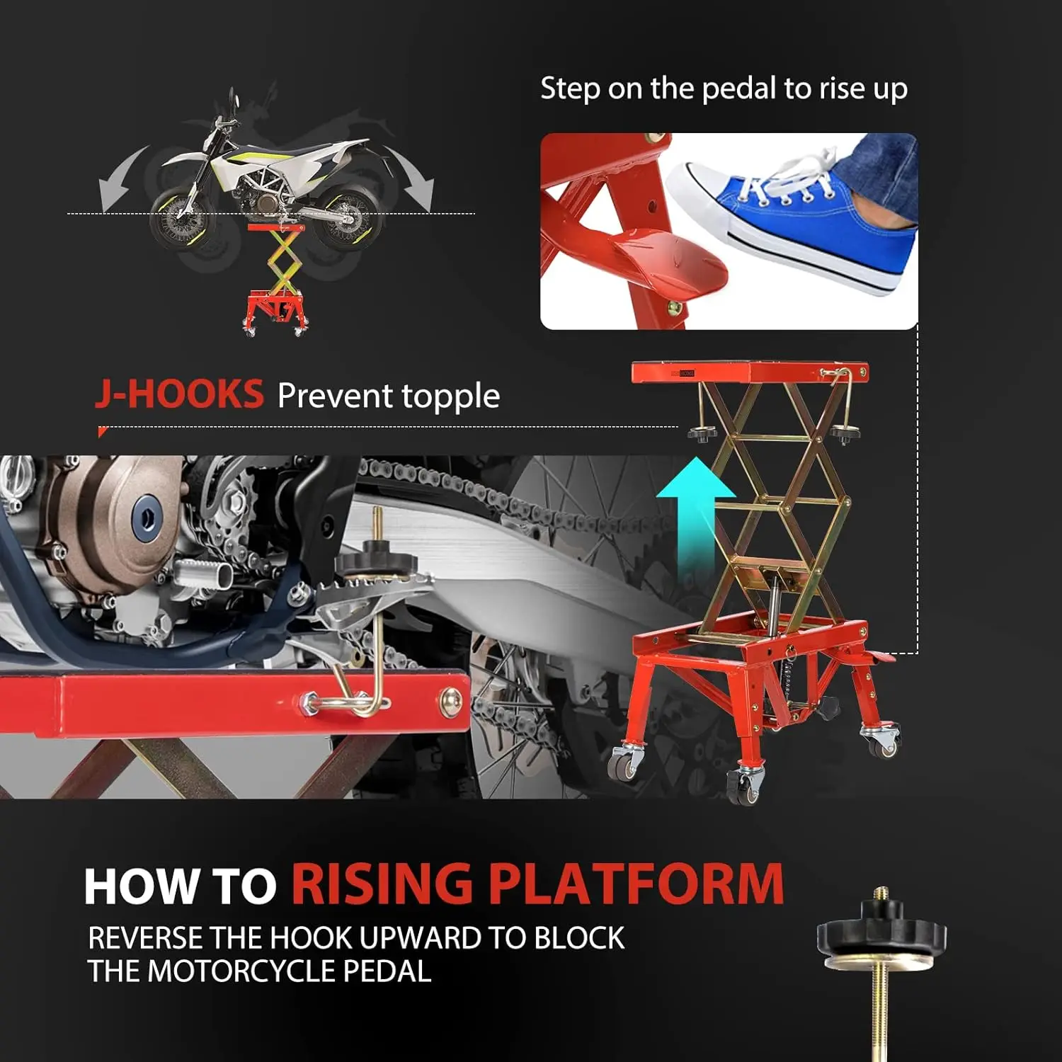 ヘビーデューティー 350ポンド 油圧式バイクリフトジャッキ（ホイールと安全ロック付き、レッド）