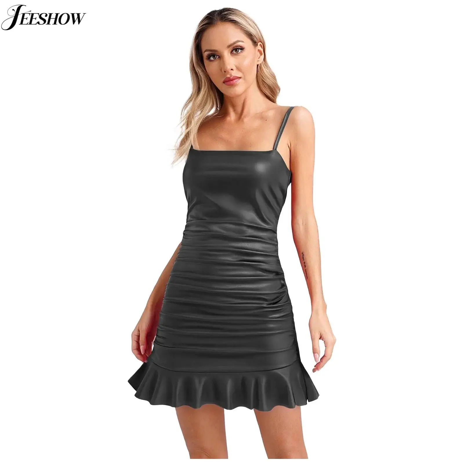 สตรีหนัง Faux มินิเดรสแขนกุดด้านข้าง Ruched Bodycon Cami ชุดค็อกเทลปาร์ตี้ Ruffled Hem SLIM FIT ชุด Clubwear