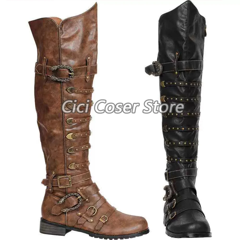 Medieval Vintage Knee High Boots Gothic Pirate Punk Rivet Buckle Tall Boots Halloween Party Carnival Stage Cosplay Shoes Women