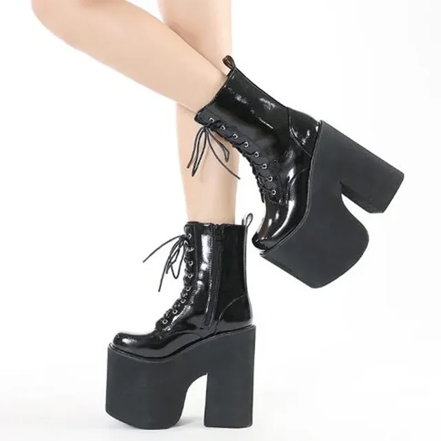 16cm Damskie buty z bocznym zamkiem błyskawicznym Punk Goth Platform Boots Comfy Round Toe Lace Up Shoes Solid Color Comabt Boot Chunky Heels Botas Mujer