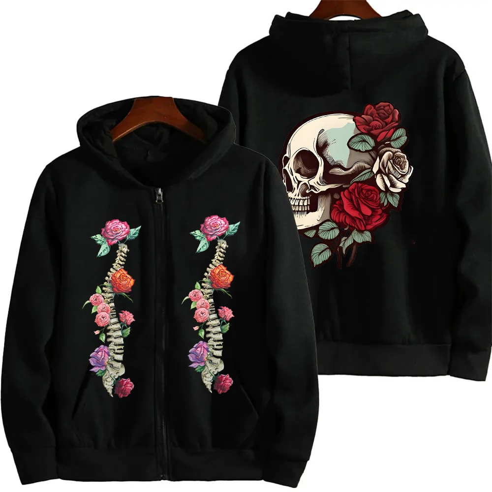 Women\'s Casual Zip Up Hoodies Autumn Winter New Gothic Skull with Roses Spine Dark Aesthetics Sweatshirt Pullover Zip Sportwear