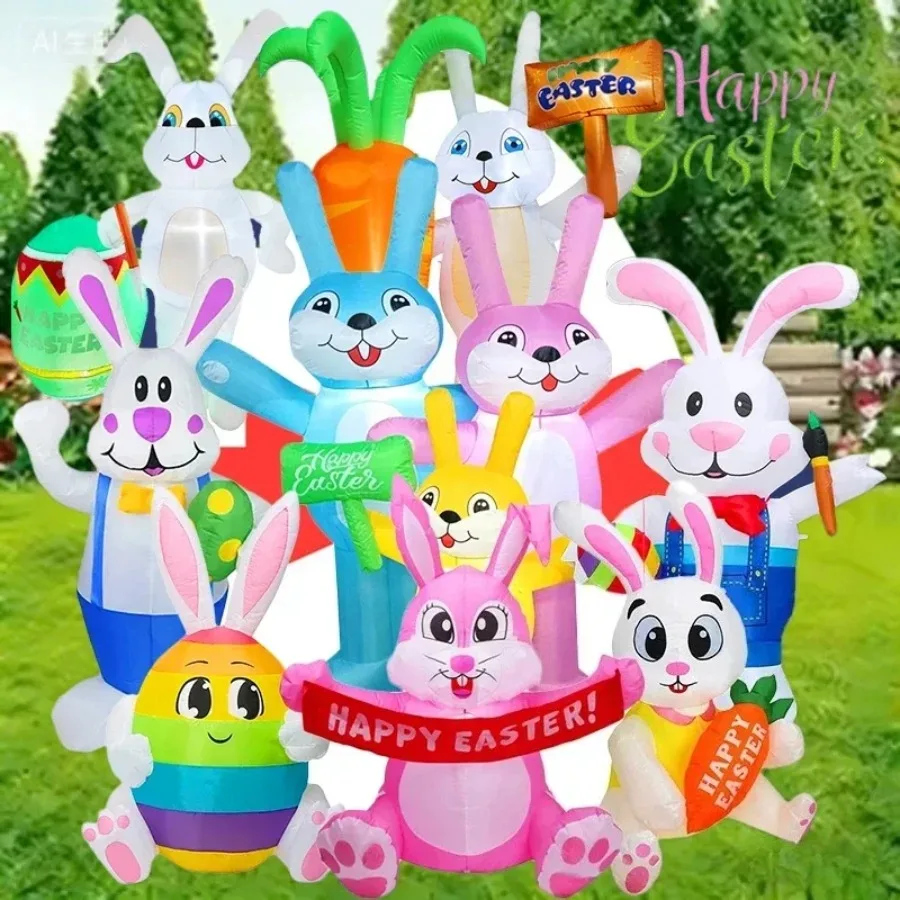 Easter Inflatable Toys Inflatable Rabbit Sitting on Mushroom with Built-in LED Light Blow Up Garden Yard Festive Party Decor