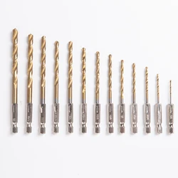 Titanium Twist Drill Bit Set - 13 Pcs Hex Shank High Speed Steel for Wood Plastic Aluminum Alloy, Quick Change, 1/16