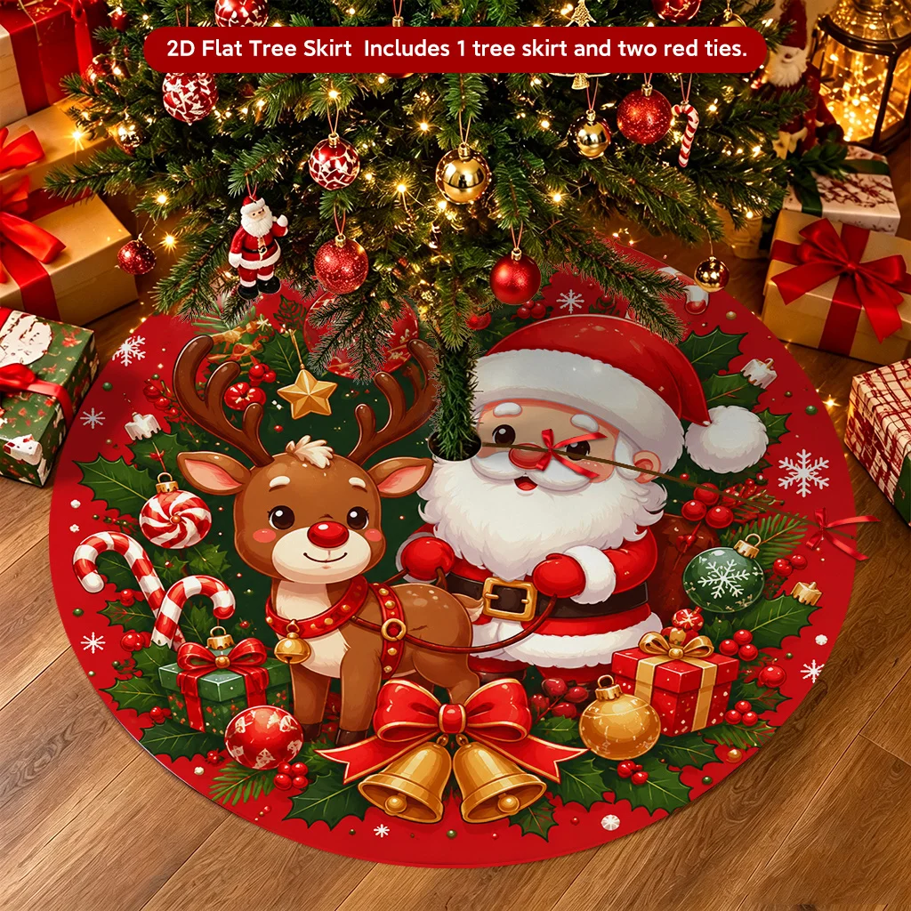 VIKAMA Christmas Tree Skirt Santa Claus Reindeer Bell Candy Cane Holly Gift Print Non‑Slip Washable Round Xmas Tree Base Decor