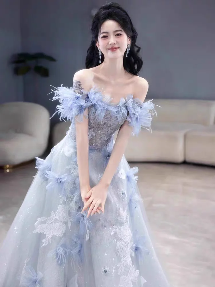 

Элегантное синее вечернее платье с завышенной талией и юбкой А-силуэта для женщин, для выступлений, экзаменов по вокалу, выпускных церемоний