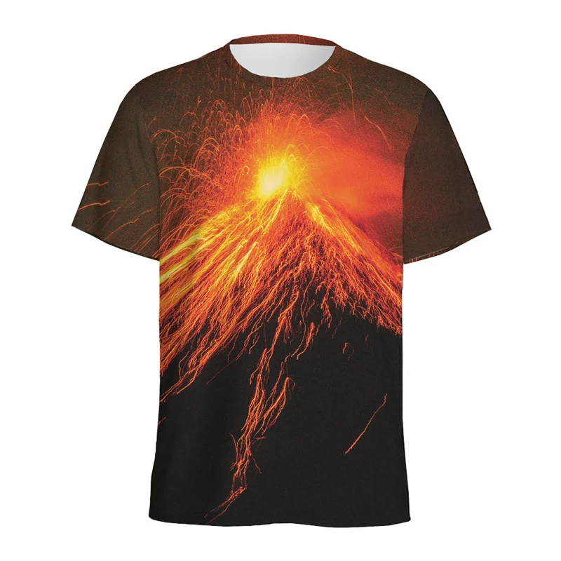 Colorful Lava Erupting Pattern T-shirt For Men Fashion Crew Neck Short Sleeves 3D Printed Volcano T Shirts Summer Kids Tees Tops