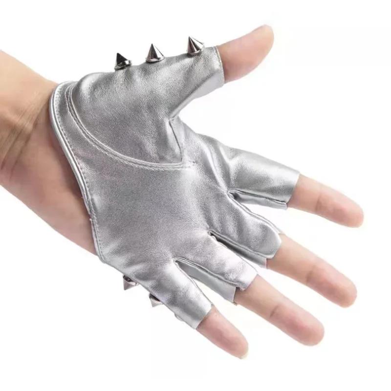 Fashion Men Punk Hiphop Rivet Half Finger Leather Gloves Women\'s Stage Performance Fingerless Touch Screen Motorcycle Mitten