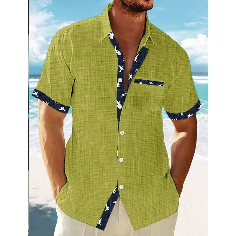 Men\'s shirt summer casual fashion beach shirt short-sleeved striped lapel spring and summer Hawaiian vacation top