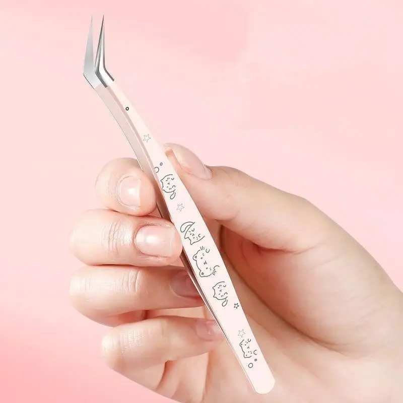 Stainless Steel False Eyelash Tweezers High Precision With Leather Case Lashes Extension Tweezer Anti-static Cartoon