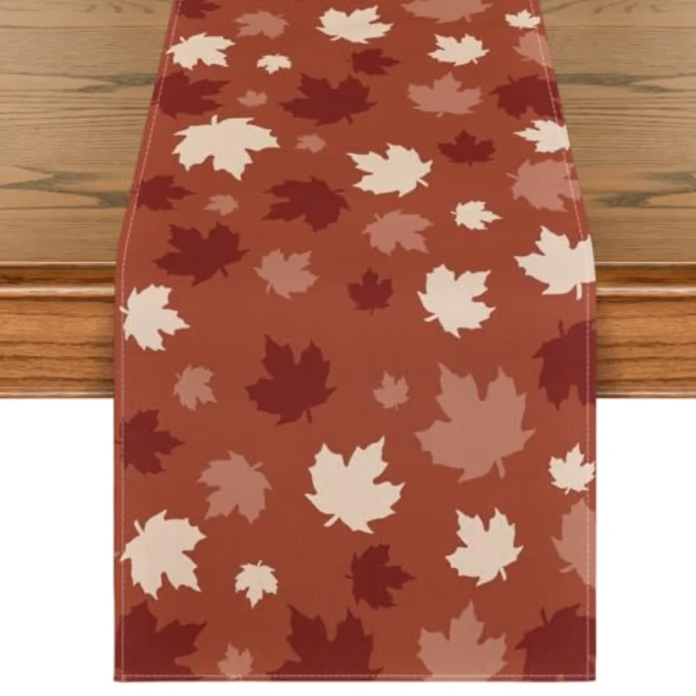 Autumn Table Runner Maple Leaf Printed Cloth Polyester Long Placemat Fall Harvest Red Brown Holiday Dinner Party Decor