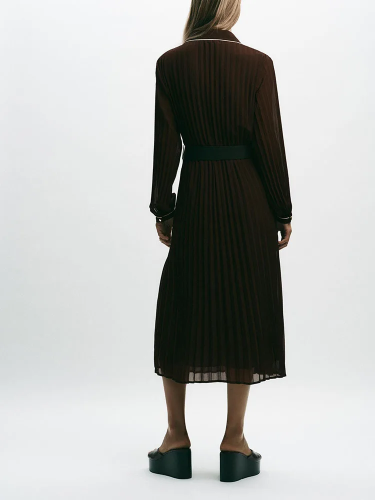 Faionable Long Sve Midi Dr Women's Autumn New Arrival Belted Pleated Gown Ele Ladylike Sle Ideal for Stage Or E...