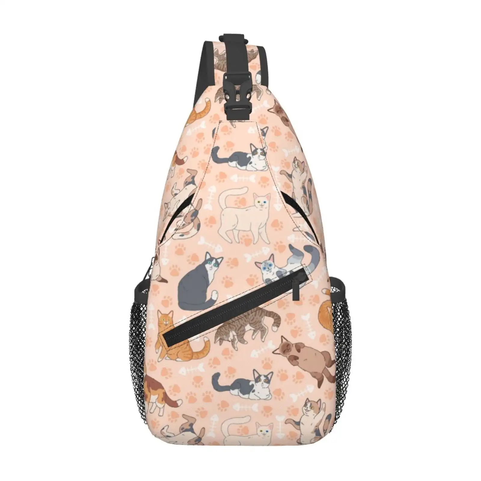 

Милый разноцветный рюкзак на ремне с кошками и рыбьей костью, нагрудный рюкзак через плечо для женщин и мужчин, повседневный регулируемый рюкзак на плечо