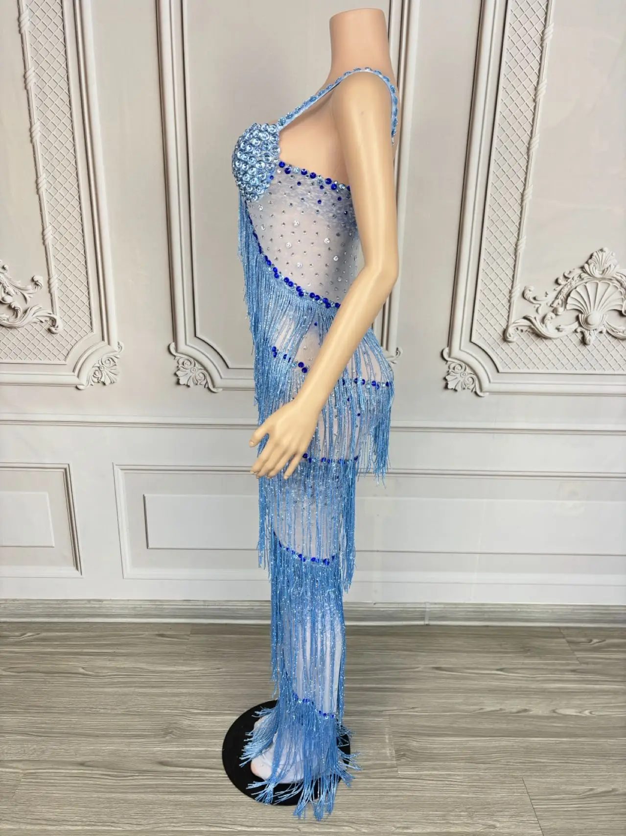 Brilhante strass borla deslizamento vestido longo sexy feminino celebrar baile de formatura pura malha vestido de noite aniversário sessão de fotos usar lantian