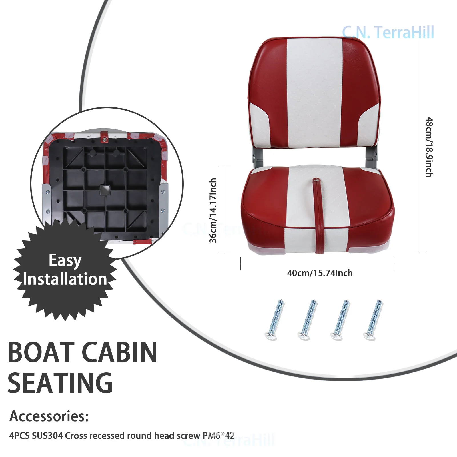 Folding Boat Chair Waterproof PVC Leather Marine Seat for Yacht Fishing Boat Deck, Model 86203-1WR