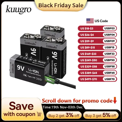Kuugro USB 9V Rechargeable Battery 1100mAh Type-C Rechargeable 6F22 9V Li-ion Battery for RC Helicopeter Model Multimeter Toy