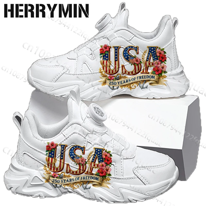 

American Independence Day Patriotic Youth Children Shoes Simple Fashion Trend Non Slip Rotating Button Boys Girls White Shoes