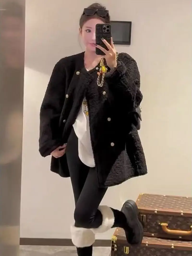 

Thickened Lamb Velvet Short Coat Casual Pure Color Double Row Buttons Warm Autumn Winter Outerwear for Women Commute Style