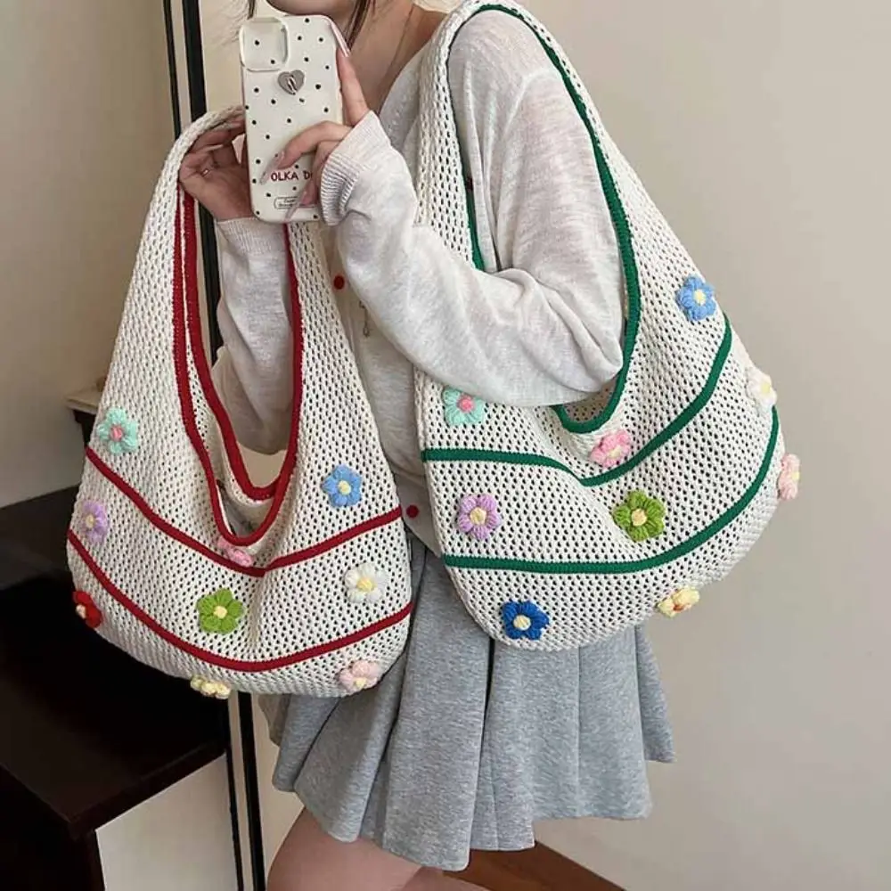 

Hollow Out Flower Knitting Bag Tote Bag Beach Handbag Beach Bag Bohemian Style Large Capacity Hollow Shoulder Bag Shopping