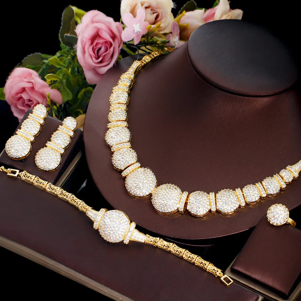 Luxury 4Pcs Gold Plated Round Full Paved Cubic Zirconia Jewelry Set Necklace Earrings Bracelet Ring Wedding Jewelry for Women