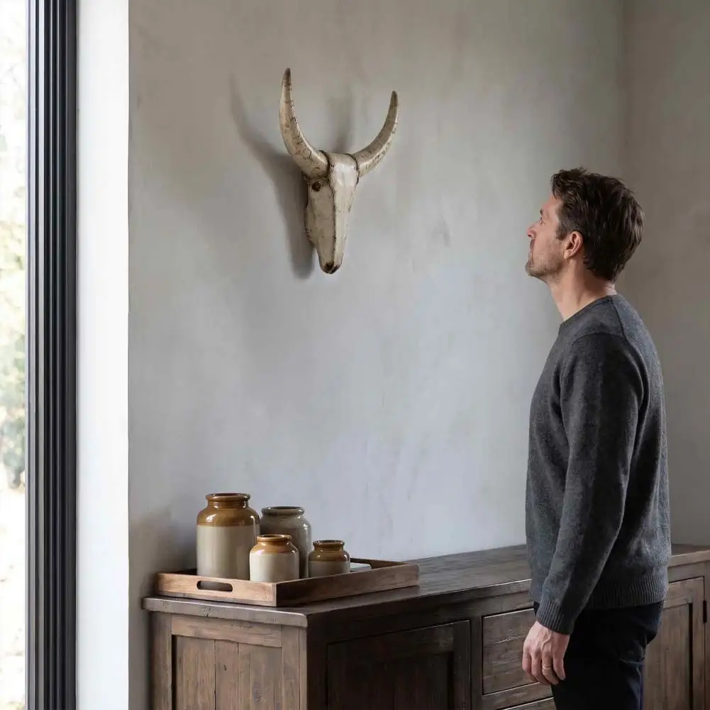 Neutral Retro Room Decor Longhorn Bull Sculpture Longhorn Bull Wall Sculpture Rustic Farmhouse Figurine Distressed for Shelf