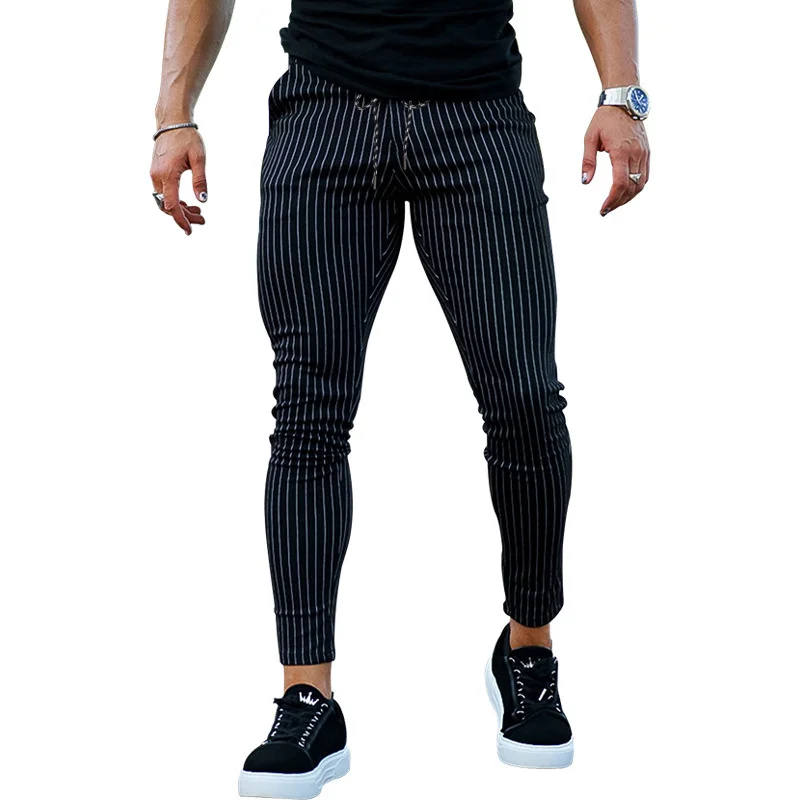 Pantalones pitillo ajustados de cintura alta para hombre, pantalones a rayas informales, ropa de calle de moda, nueva tendencia, cuatro estaciones