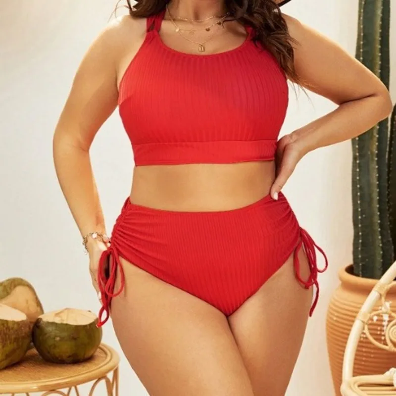 Damskie stroje kąpielowe Plus Size Zestawy bikini z wysokim stanem Dwuczęściowe stroje kąpielowe Sznurek Kontrola brzucha Kostiumy kąpielowe