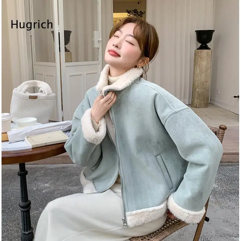 Women Fleece Lined Cropped Jacket Stand Collar Zip Up Suede Texture Outerwear Long Sleeve Loose Fit Coat For Cold Weather