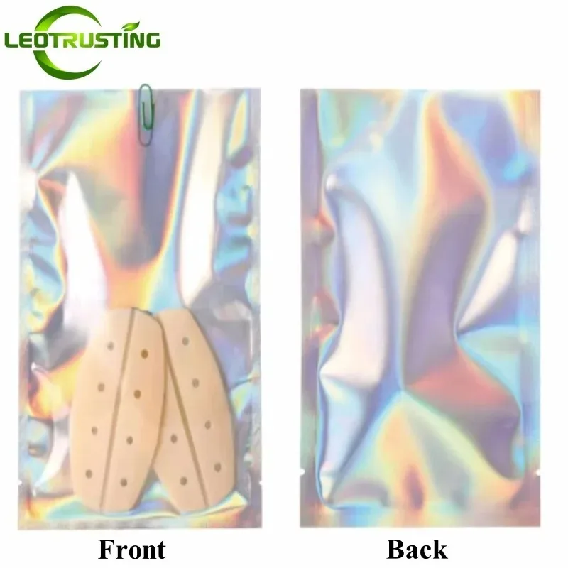 300PCS Open Top Clear Front Holographic Back Foil Bags, Makeup Storage Pouches for Eyelashes, Brushes, Eyeshadow Storage Pouches