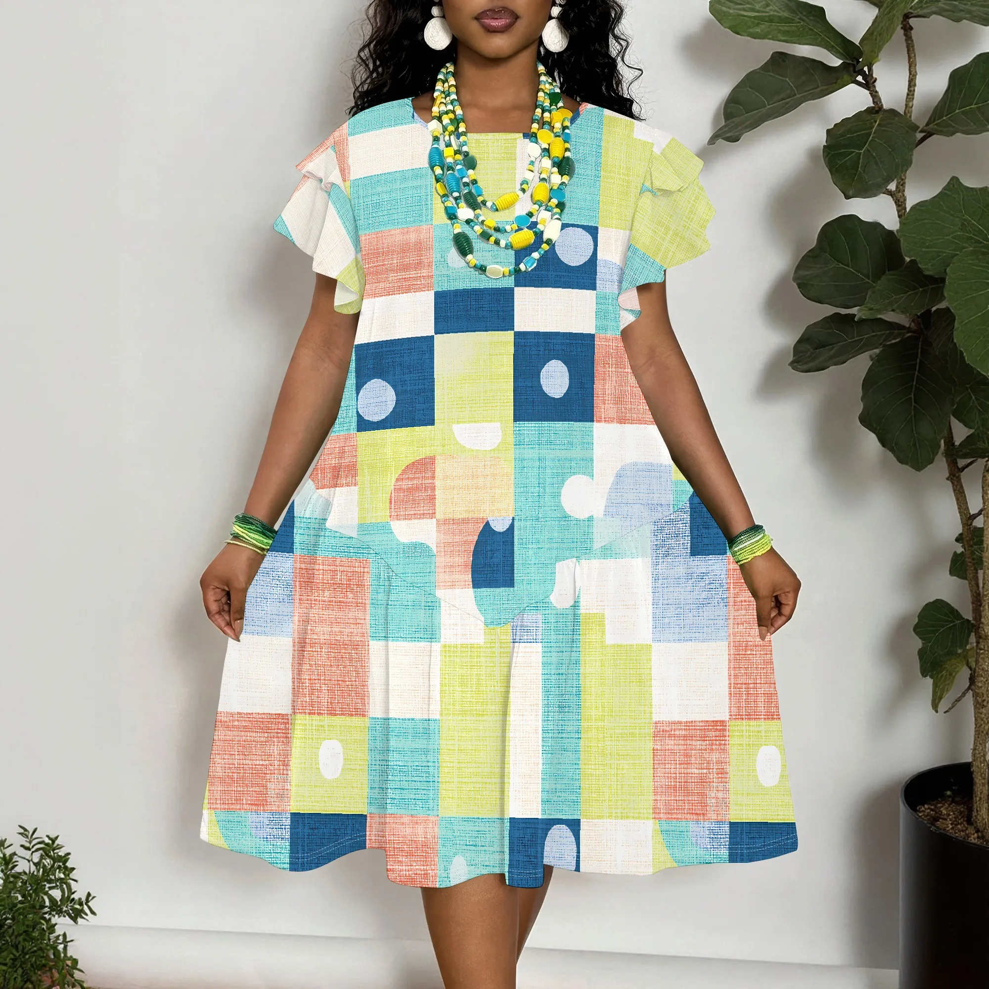 Colorful Block Print Dress, Geometric Pattern Short Sleeve, Ruffle Hem A-Line, Casual Summer Beach Party Wear, XL-6XL