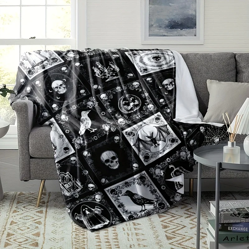 Halloween Grid Skull Crow Pumpkin Ghost Bat Spider Web Black White Print Warm Blanket For Sofa Bedroom Halloween Party Use
