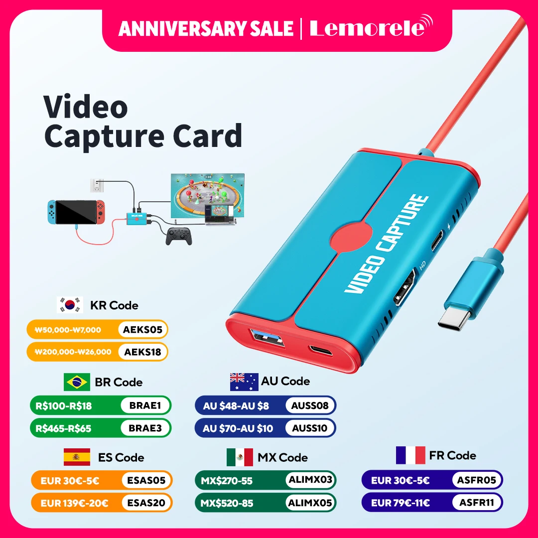 

Lemorele USB 3.0 Video Capture Card With 100W PD Type-C to HDMI/USB Video Recorder for Game Recording Live Streaming Grabber