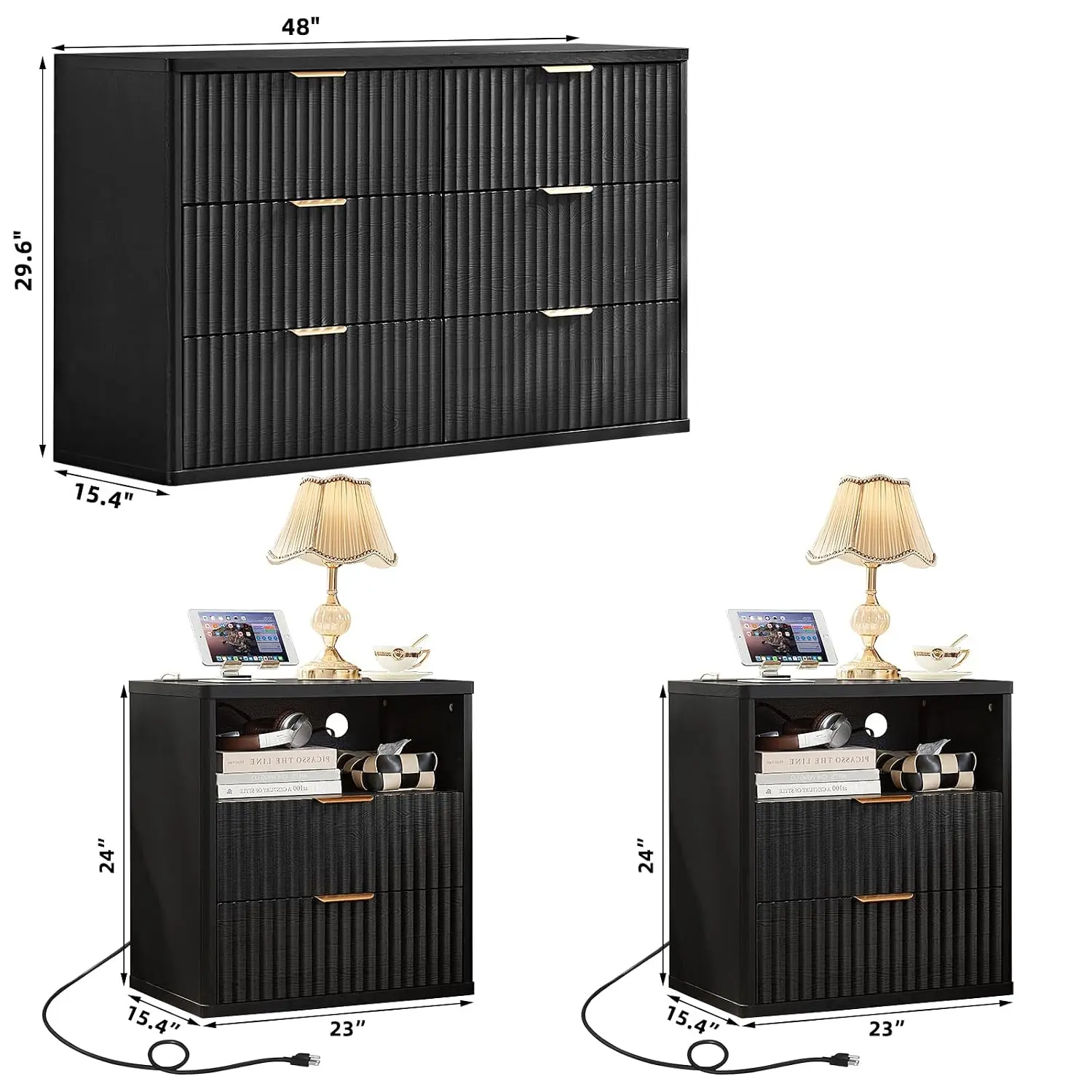 Fluted Dresser & Nightstand Set With Charging Station, 3-Piece Wooden Bedroom Furniture, 48