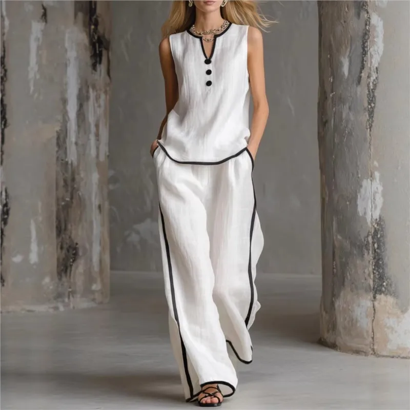 

Новый летний женский модный повседневный костюм 2026 года: контрастный топ без рукавов и брюки