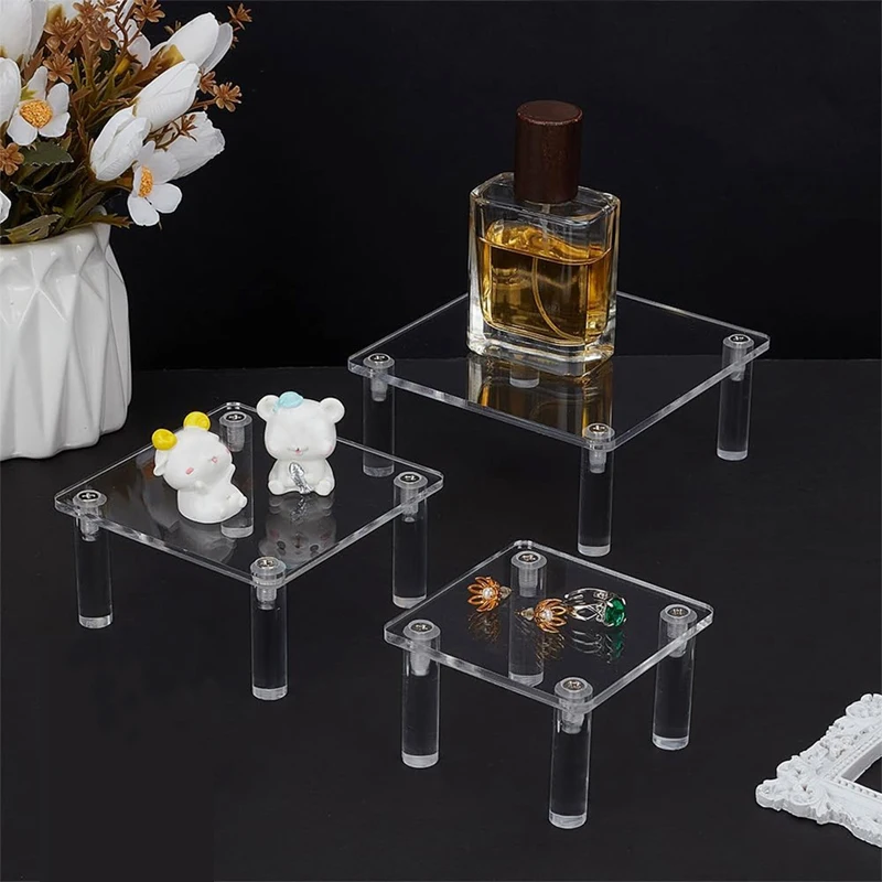 3Pcs Transparent Square Acrylic Display Rack Small Risers Stand Shelf For Anime Figures Toy Cosmetic Jewelry