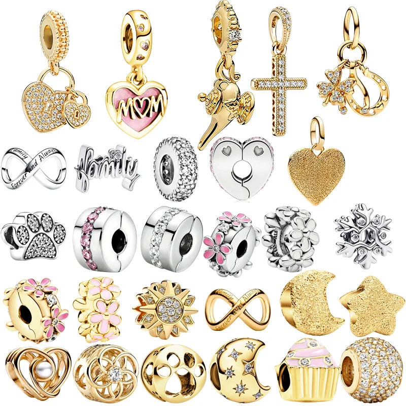 New Original Charm Beads White Daisy Flower Spacer&Clear Sparkle Spacer&Golden Moon Bead Fit Pendant Bracelet Women Jewelry Gift