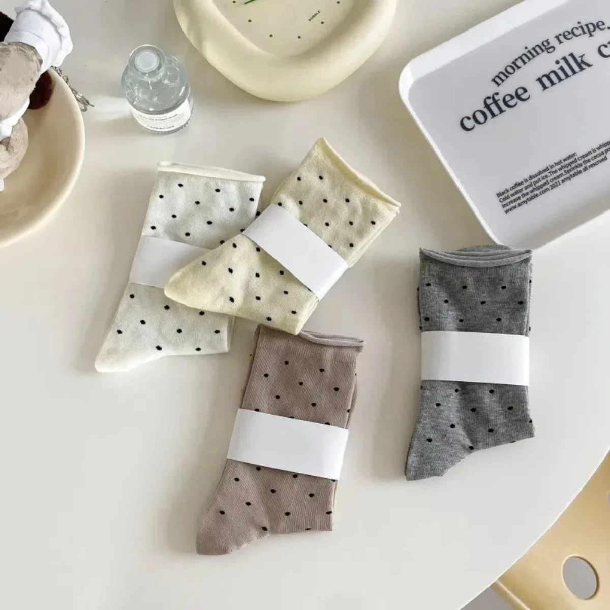 Women's Spring Summer Thin Vintage Cream Curled-edge Polka Dot Mid-tube Socks Uses For Artistic Socks Women's Clothing