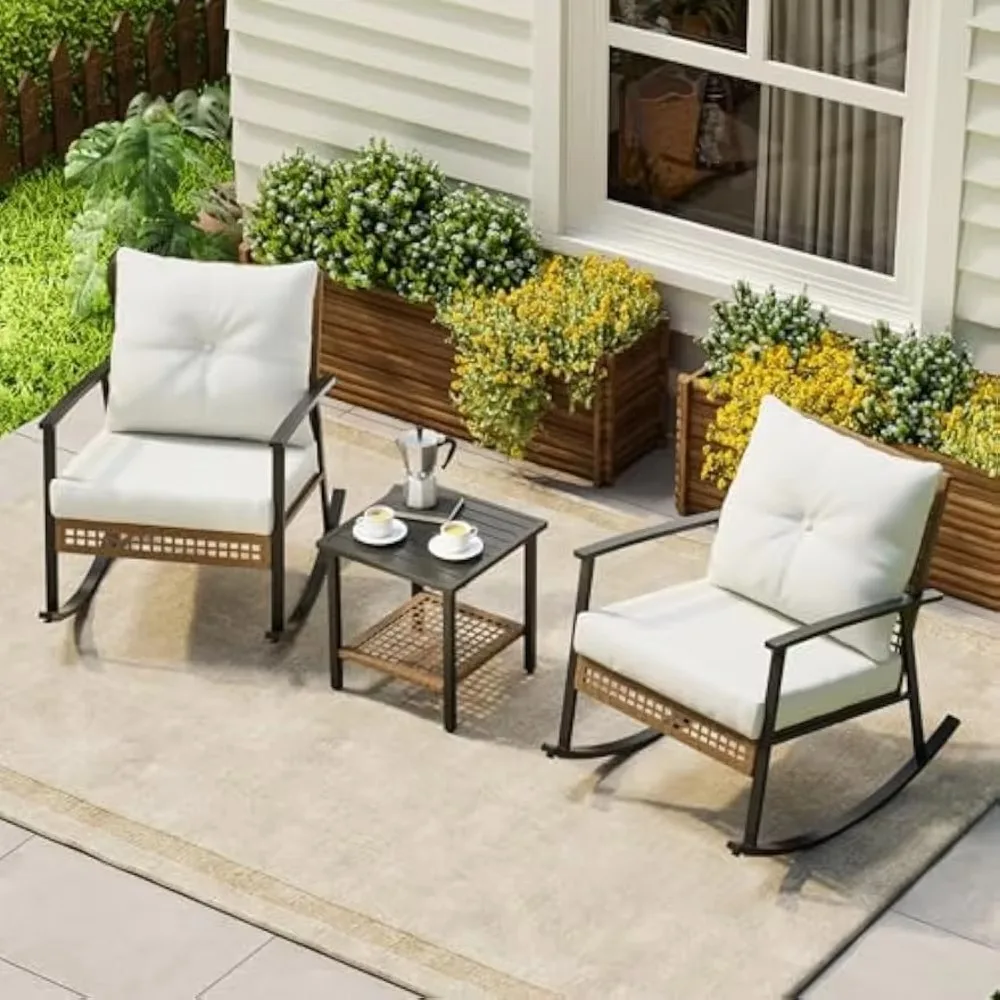 

3 Piece Patio Furniture Set, Outdoor Rocking Chair 2 Piece Set with Coffee Table, Patio Bistro Set for Garden, Balcony, Backyard