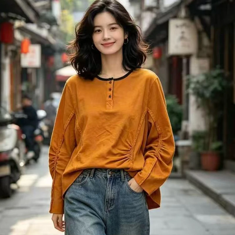 Amax LuluE 2026 Korean Design Clothes Spring Womens Loose Vintage Casual T-shirts Ladies Classic Vintage O Neck Luxury Punk Tops