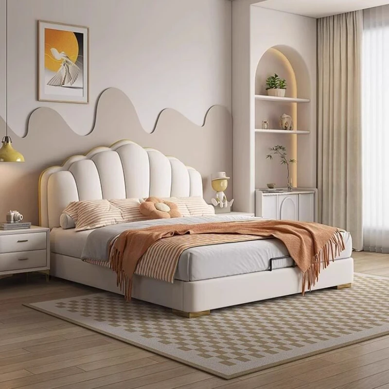 Elegante Cama Individual de Cuero Crema, Diseño Moderno y Lujoso, con Bolsa de Almacenamiento, Ligera y Suave, Juego de Dormitorio