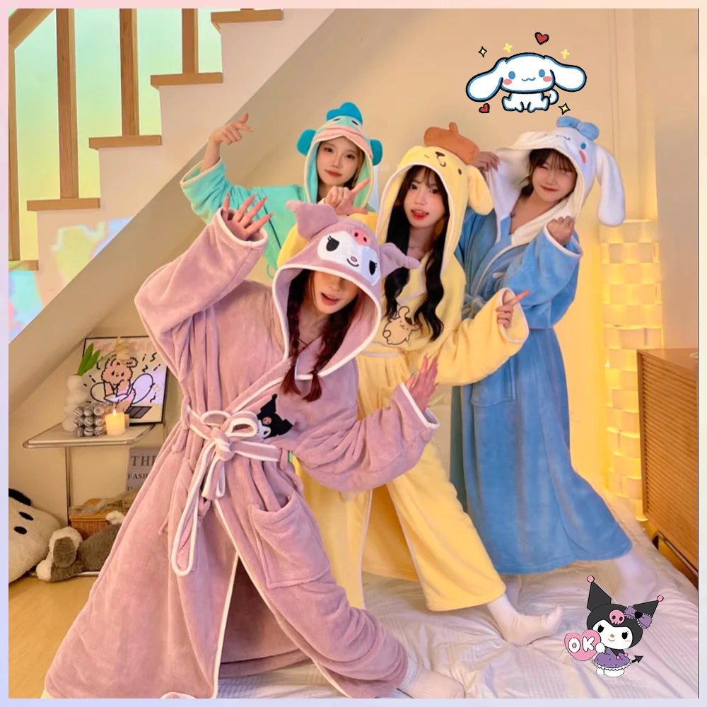 

Sanrio милый впитывающий быстросохнущий халат с сердечком для девочек Kawaii My Melody Kuromi, коралловое флисовое платье с капюшоном из мультфильма, женское аниме
