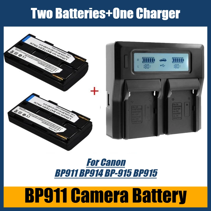 Bateria da câmera BP911 7.2V 3400mAh para Canon BP911 BP914 BP-915 BP915, duas baterias + um carregador
