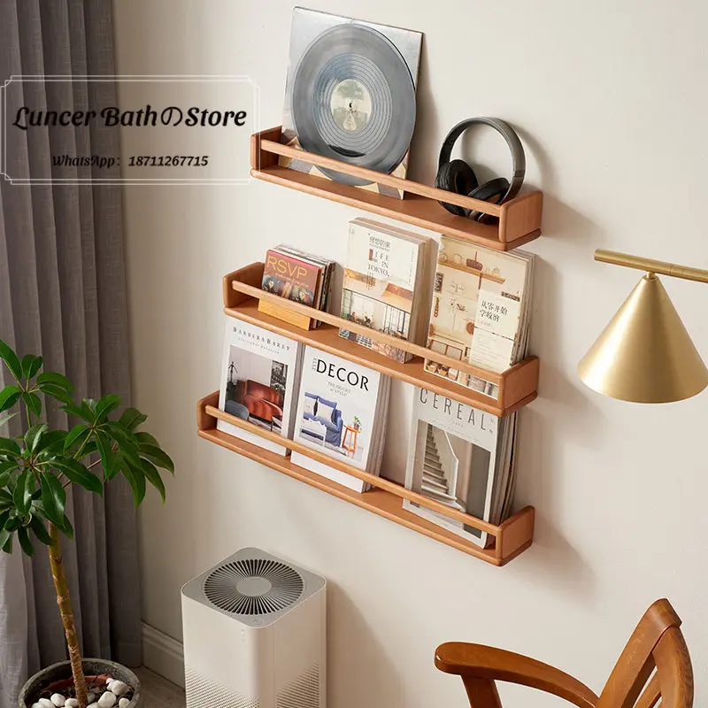 Punch-free Cherry Solid Wood Wall Mounted Shelf Magazine & Kids Picture Book Storage Ledge for Living Room