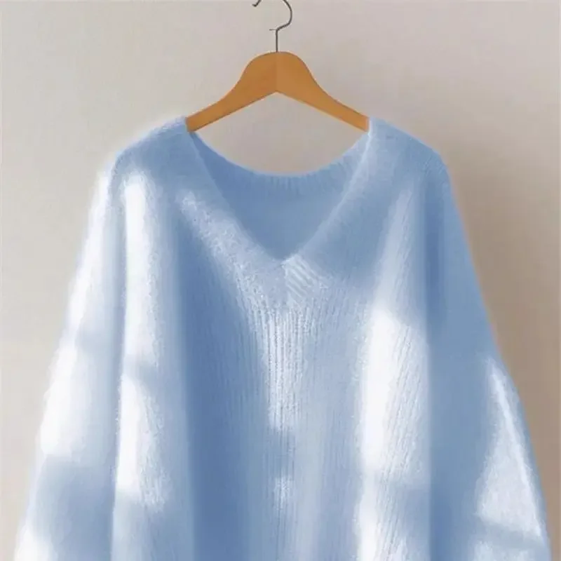 高品質カジュアルニットプルオーバー女性秋冬ルーズ V ネックウールニットセーター女性韓国モヘアニット