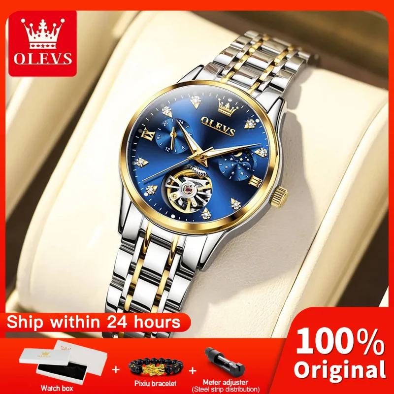 OLEVS 6608 Women Watch Original New Luxury Watch Stainless Steel Automatic Mechanical Diamond Scale Waterproof Watches For Women