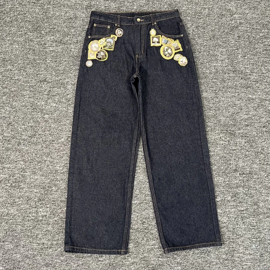 

Джинсовые джинсы с вышитым значком Derschutze, брюки для мужчин и женщин, брюки унисекс из тяжелой ткани для бега