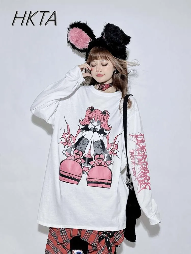 

Japanese Cute Cartoon Print White Sweatshirt Pullover Female 2025 Spring New Oversize Couple Cotton Top Long Sleeve Thin Hoodie